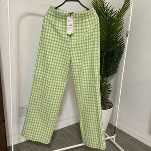 green pants with beige checkered linen fabric